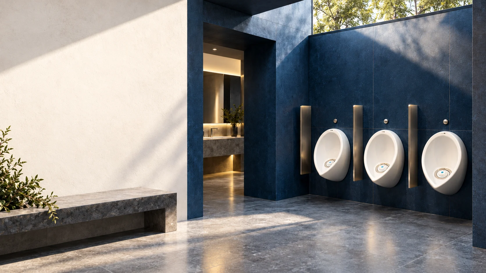 Baño institucional con muros azules y urinarios