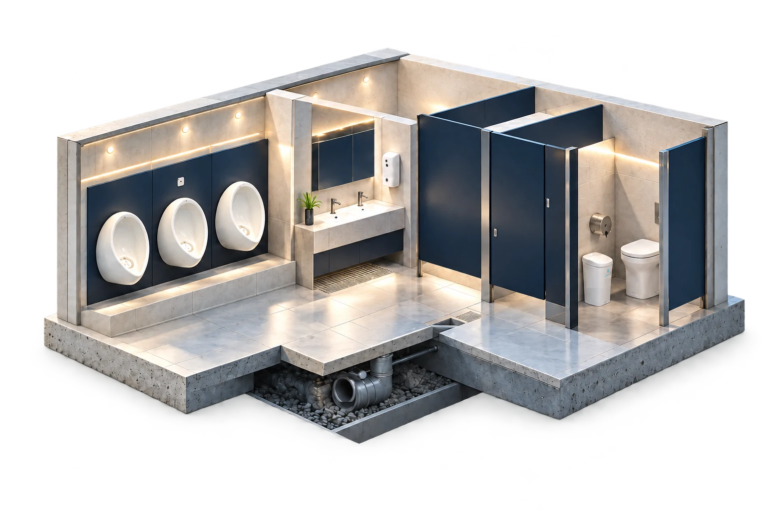 Vista en perspectiva de un baño con urinarios, lavamanos, cubículos y un tramo de cañería.